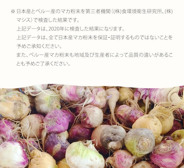 ※日本産とペルー産のマカ粉末を第三者機関（（株）食環境衛生研究所、（株）マシス）で検査した結果です。上記データは、2020年に検査した結果になります。上記データは、全て日本産マカ粉末を保証・証明するものではないことを予めご承知ください。また、ペルー産マカ粉末も地域及び生産者によって品質の違いがあることも予めご了承ください。