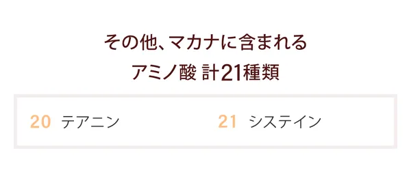 その他、マカナに含まれる「アミノ酸 計21種類」 ※アミノ酸全種類配合 20 テアニン、21 システイン