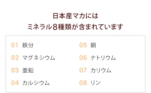 日本産マカにはミネラル8種類が含まれています。01 鉄分、02 マグネシウム、03 亜鉛、04 カルシウム、05 銅、06 ナトリウム、07 カリウム、08 リン